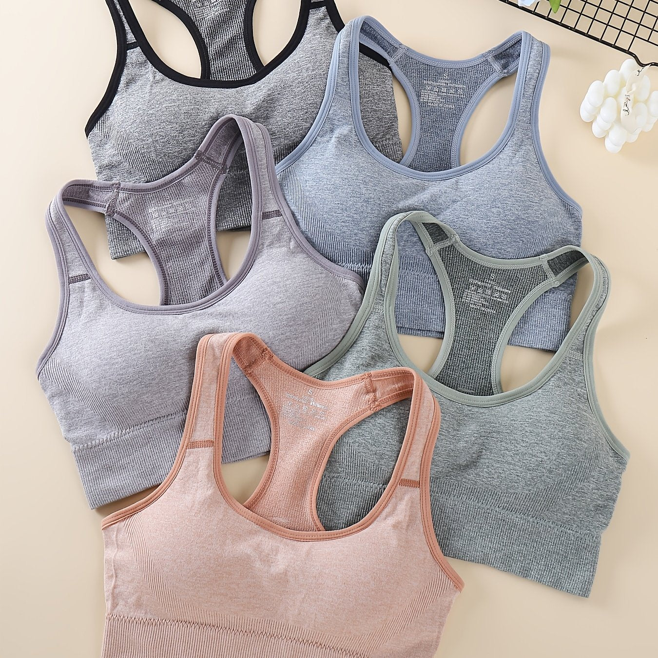 5pcs Women's Medium Support Sports Bras with Removable Pads, Breathable Mesh Back & Moisture-Wicking - Yoga & Gym Bras for High-Impact Workouts, Tummy Control, 5 Colors (Black/Dark Grey/Charcoal/Blush/Peach), Yoga Apparel | S