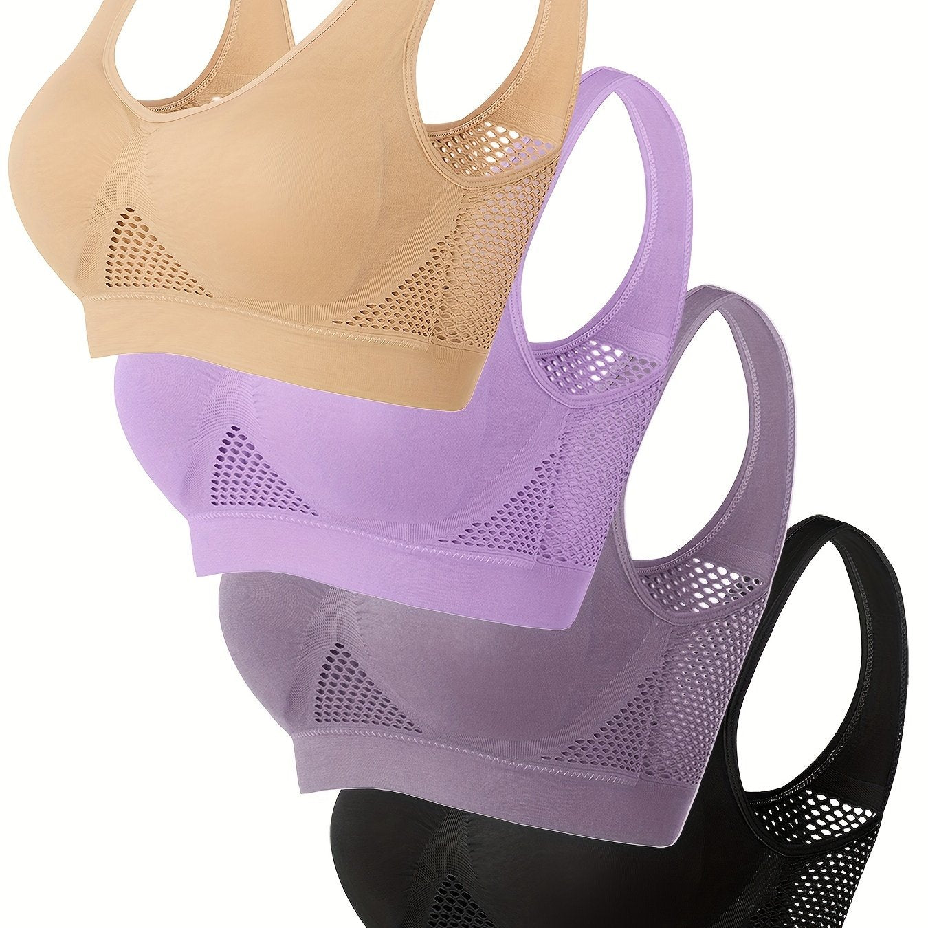 Wireless, Breathable 4pcs Women's Sports Bras - Padded, Mesh with Racerback Design for Yoga, Fitness, Running - Pink, White, Purple, Black, Workout Accessories