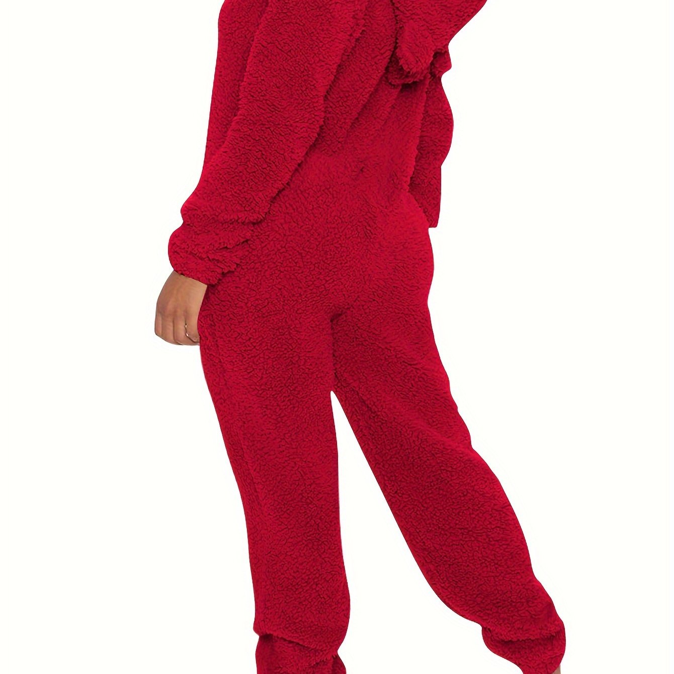 Fuzzy Hooded Pajama Jumpsuit For Music Festival, Comfy & Cute Long Sleeve Zipper Pajamas, Women's Lingerie & Sleepwear