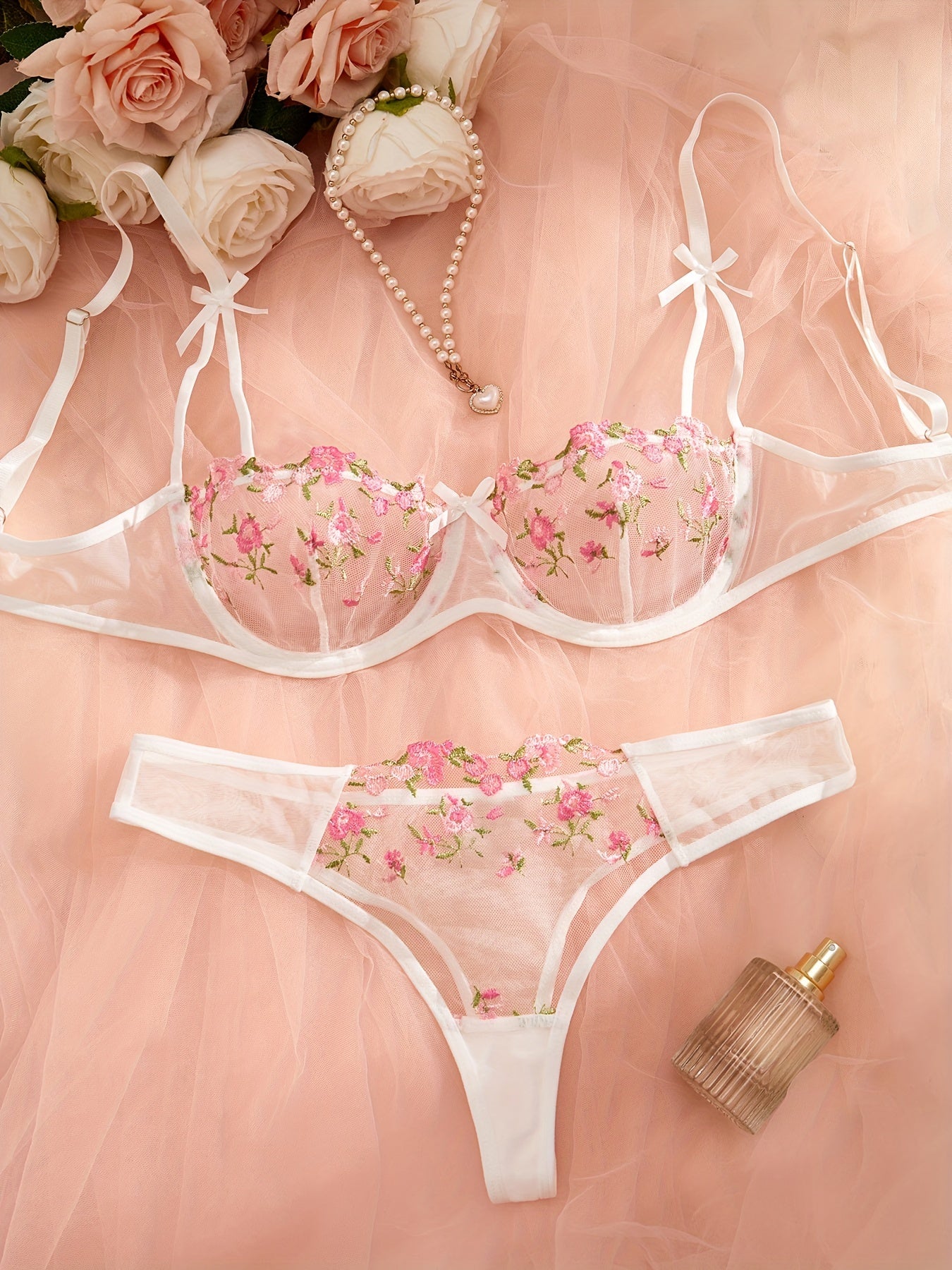 Sexy Floral Embroidery Lingerie Set - Women's Mesh Unlined Bra and Panty, Delicate Underwear for Romantic Nights - Soft, Breathable, and Comfortable