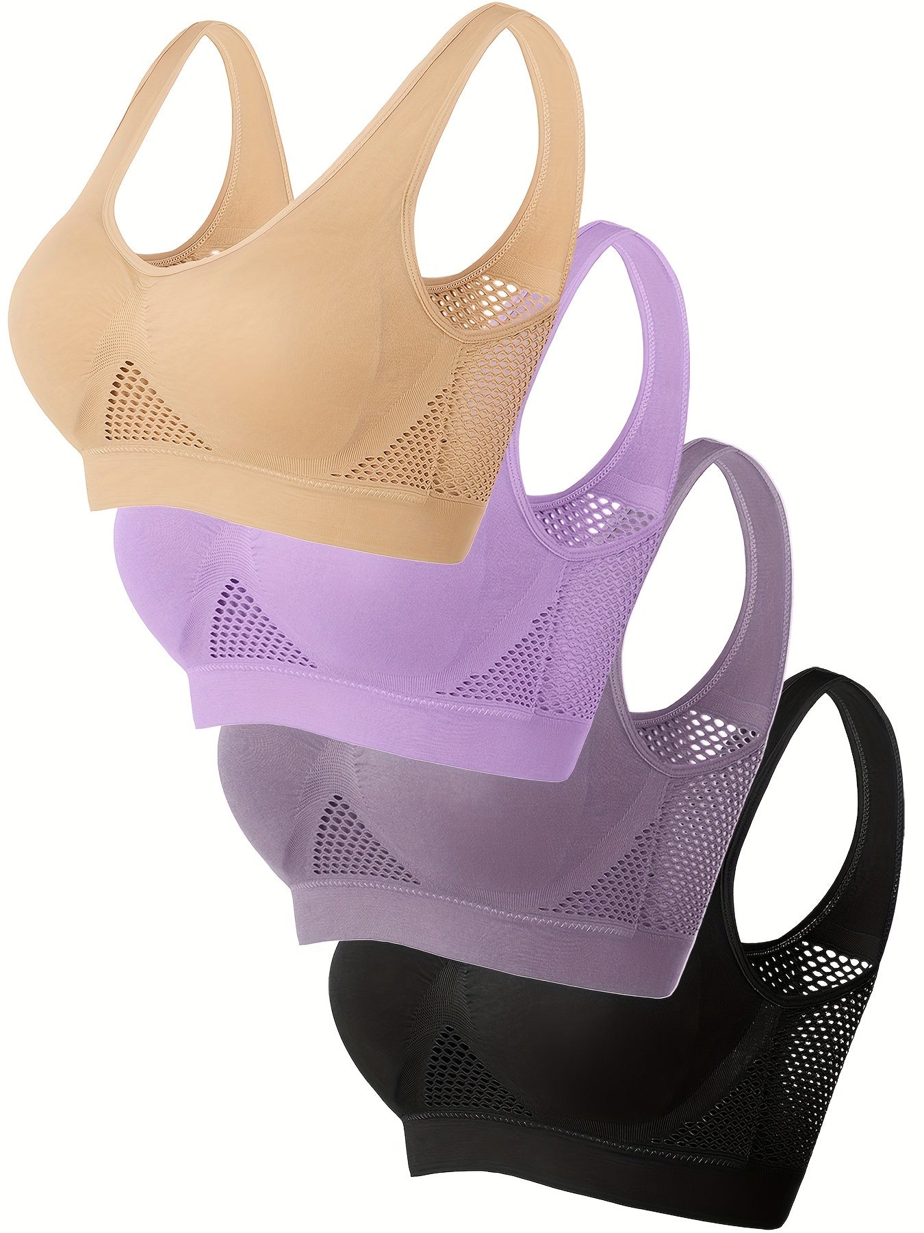 Wireless, Breathable 4pcs Women's Sports Bras - Padded, Mesh with Racerback Design for Yoga, Fitness, Running - Pink, White, Purple, Black, Workout Accessories