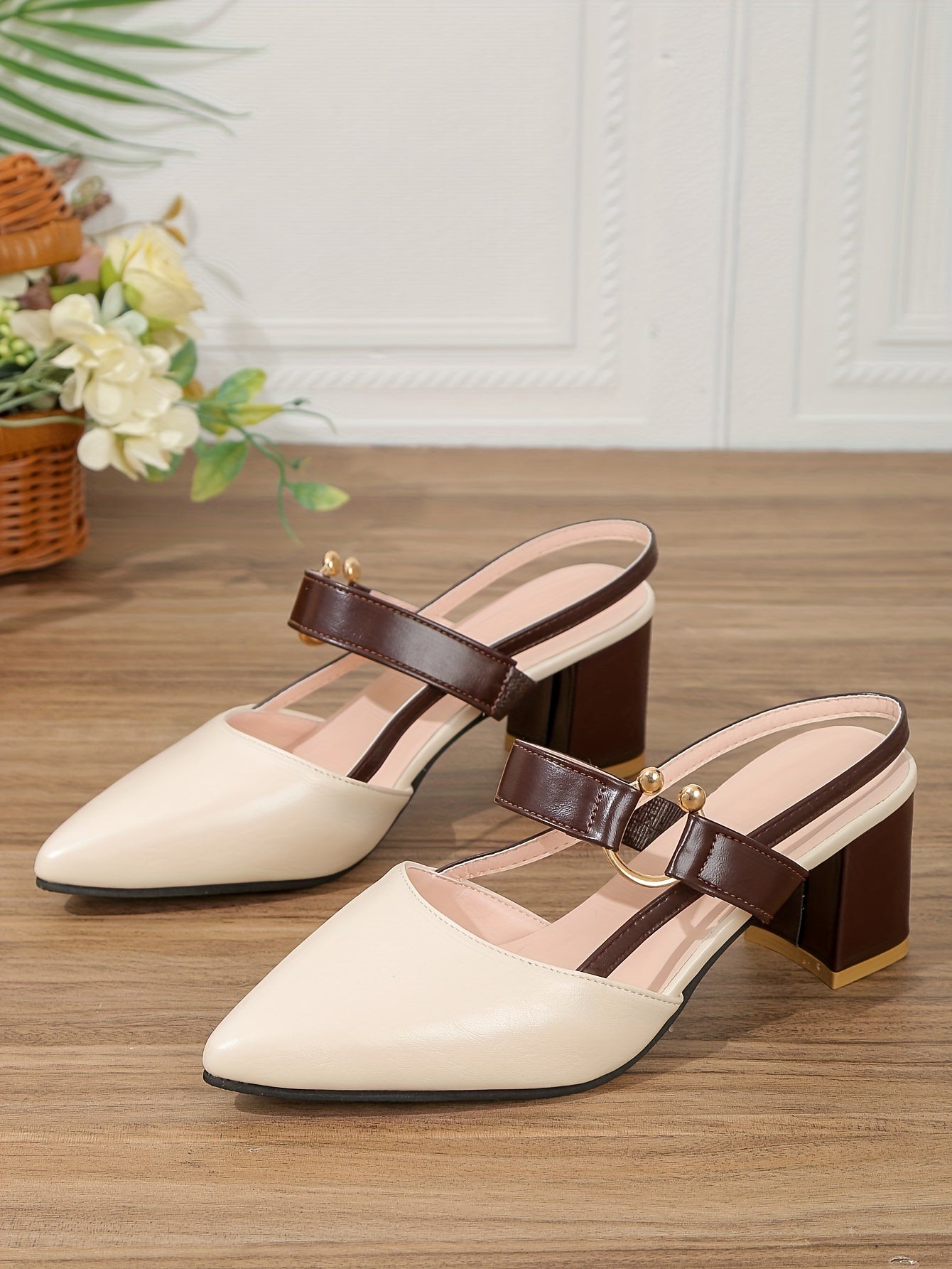 Women's Pointed Toe Block High Heel Sandals, Fashion Solid Color Slingback Shoes, Versatile Mid Heels