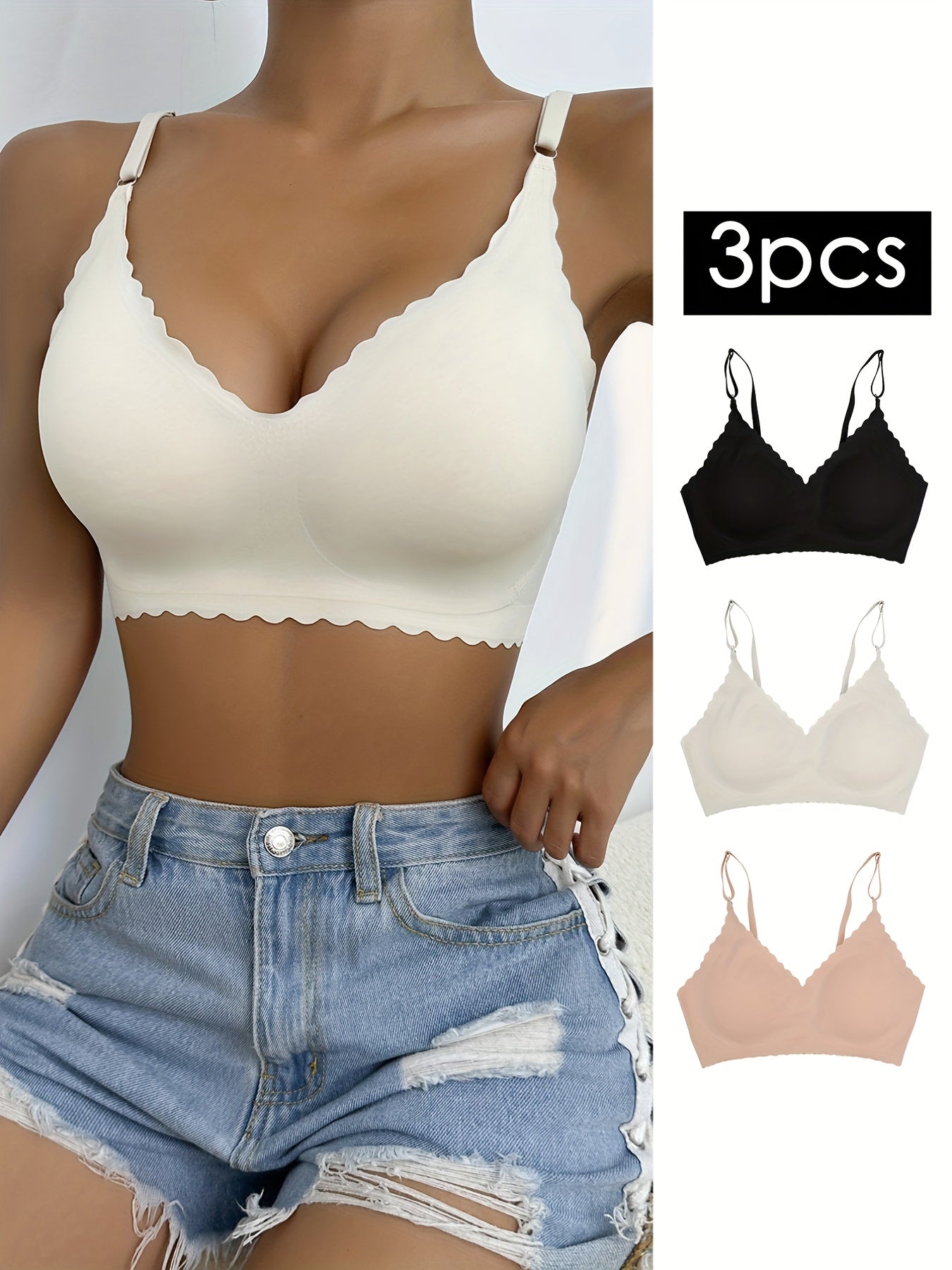 3pcs Wavy Trim Seamless Bralettes, Comfortable & Breathable Wireless Intimates Bras, Women's Lingerie & Underwear