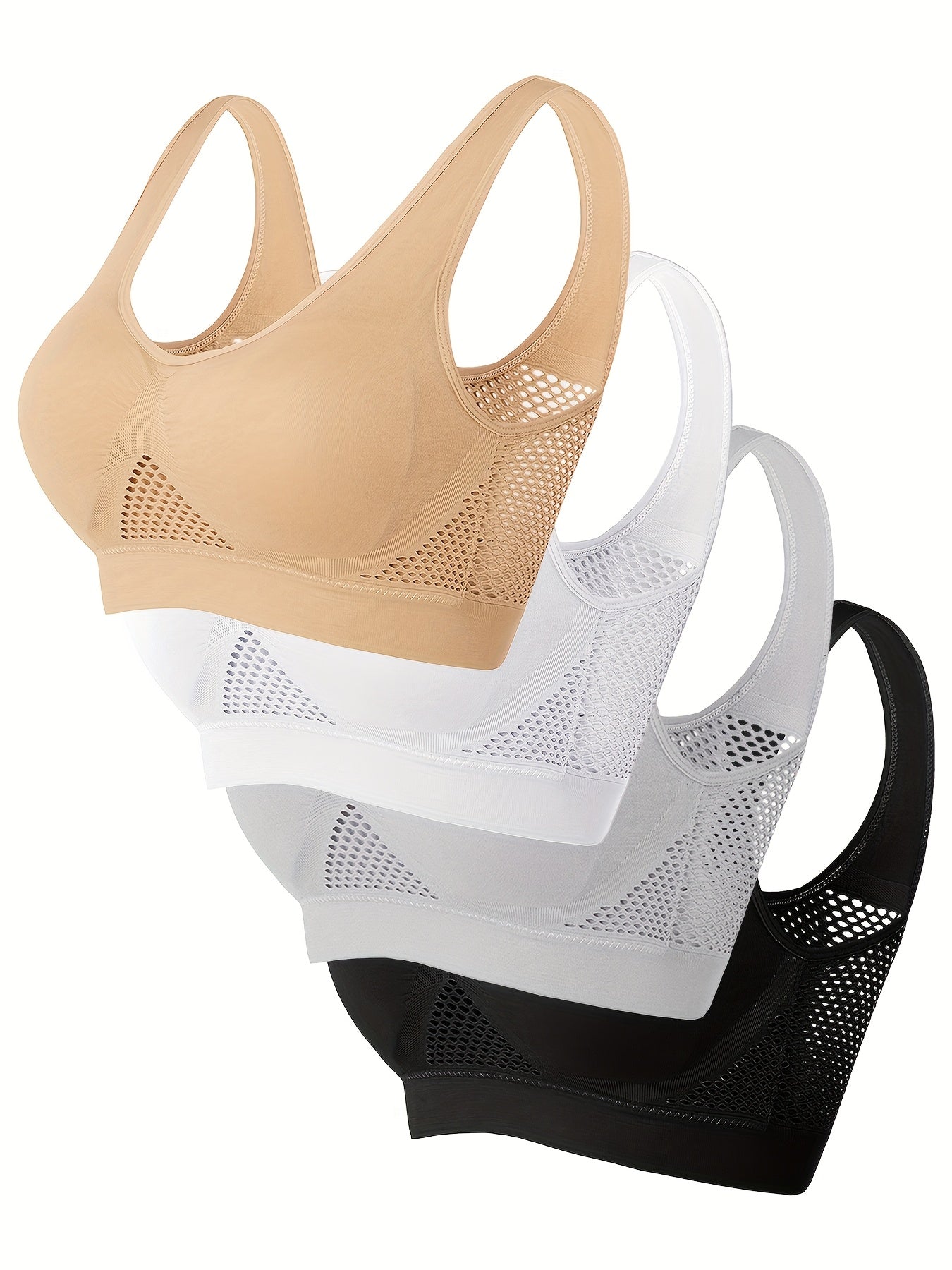 Wireless, Breathable 4pcs Women's Sports Bras - Padded, Mesh with Racerback Design for Yoga, Fitness, Running - Pink, White, Purple, Black, Workout Accessories