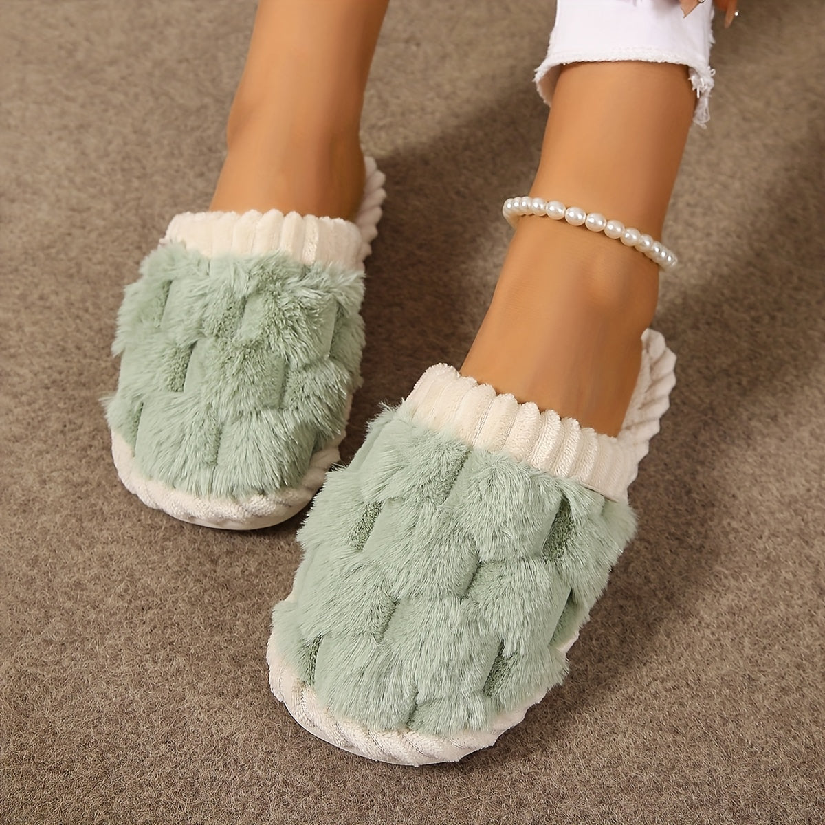 Cozy Faux Fur Slippers - Soft Fabric Lined, Rubber Sole, Comfortable Indoor Shoes for Home, Casual Slip-On Design with Plush Interior