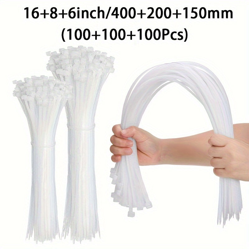 300pcs Heavy-Duty Nylon Cable Ties Set - Assorted Sizes 16"/8"/6", High Tensile Strength, UV Resistant, Self-Locking, Easy to Use, Black Zip Ties for Home, Office, and Industrial Cable Management, Organization, and Wire Bundl