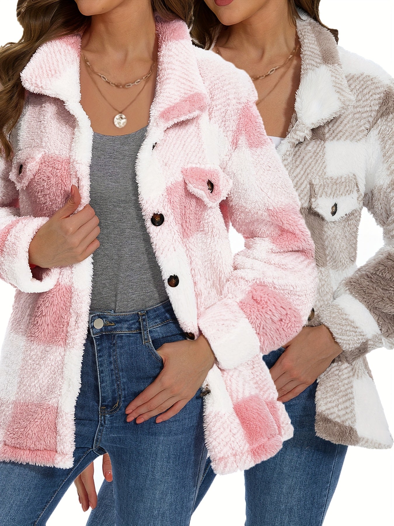 Plaid Pattern Button Front Teddy Coat, Versatile Long Sleeve Winter Thermal Outwear, Women'S Clothing