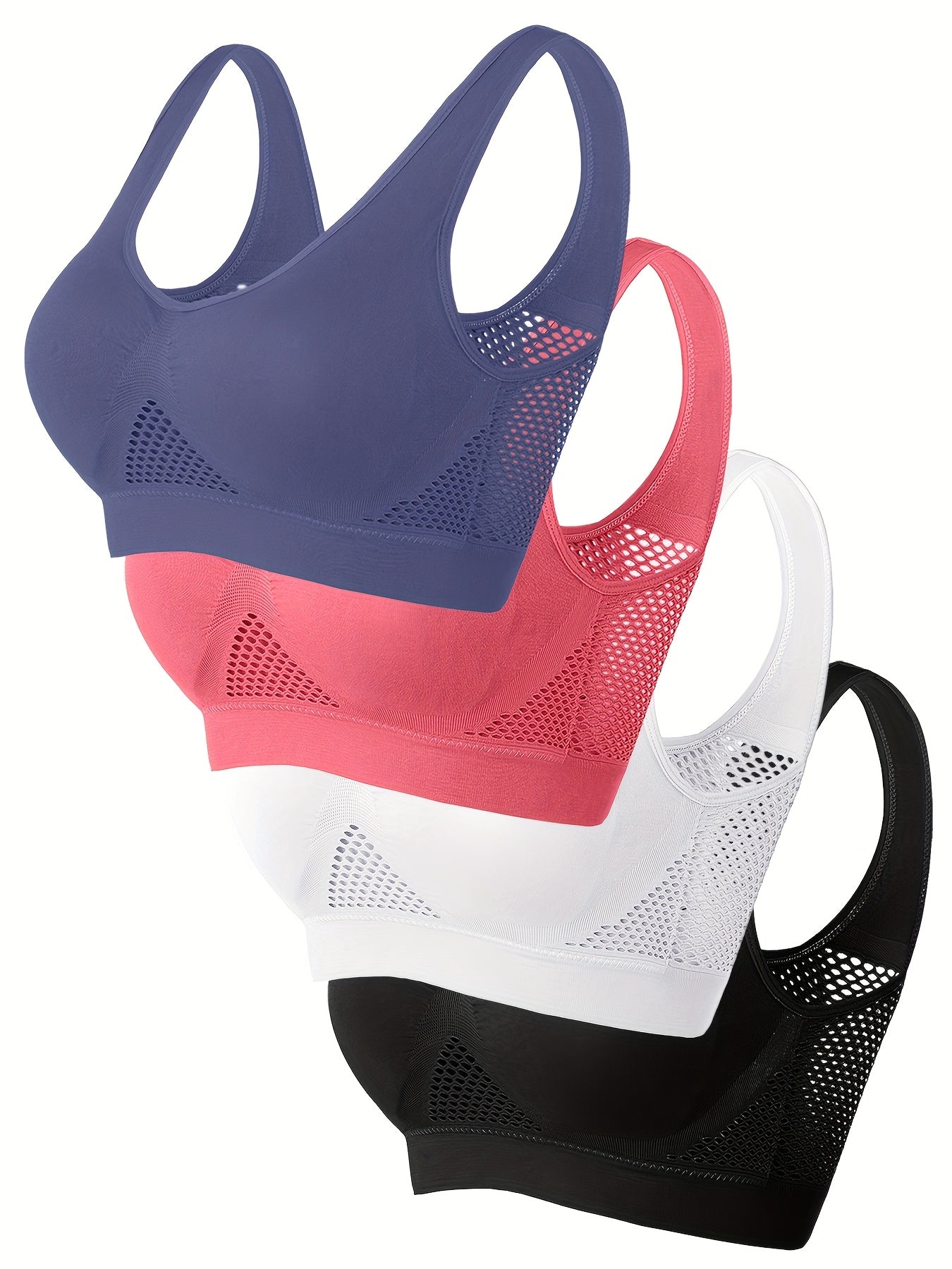 Wireless, Breathable 4pcs Women's Sports Bras - Padded, Mesh with Racerback Design for Yoga, Fitness, Running - Pink, White, Purple, Black, Workout Accessories