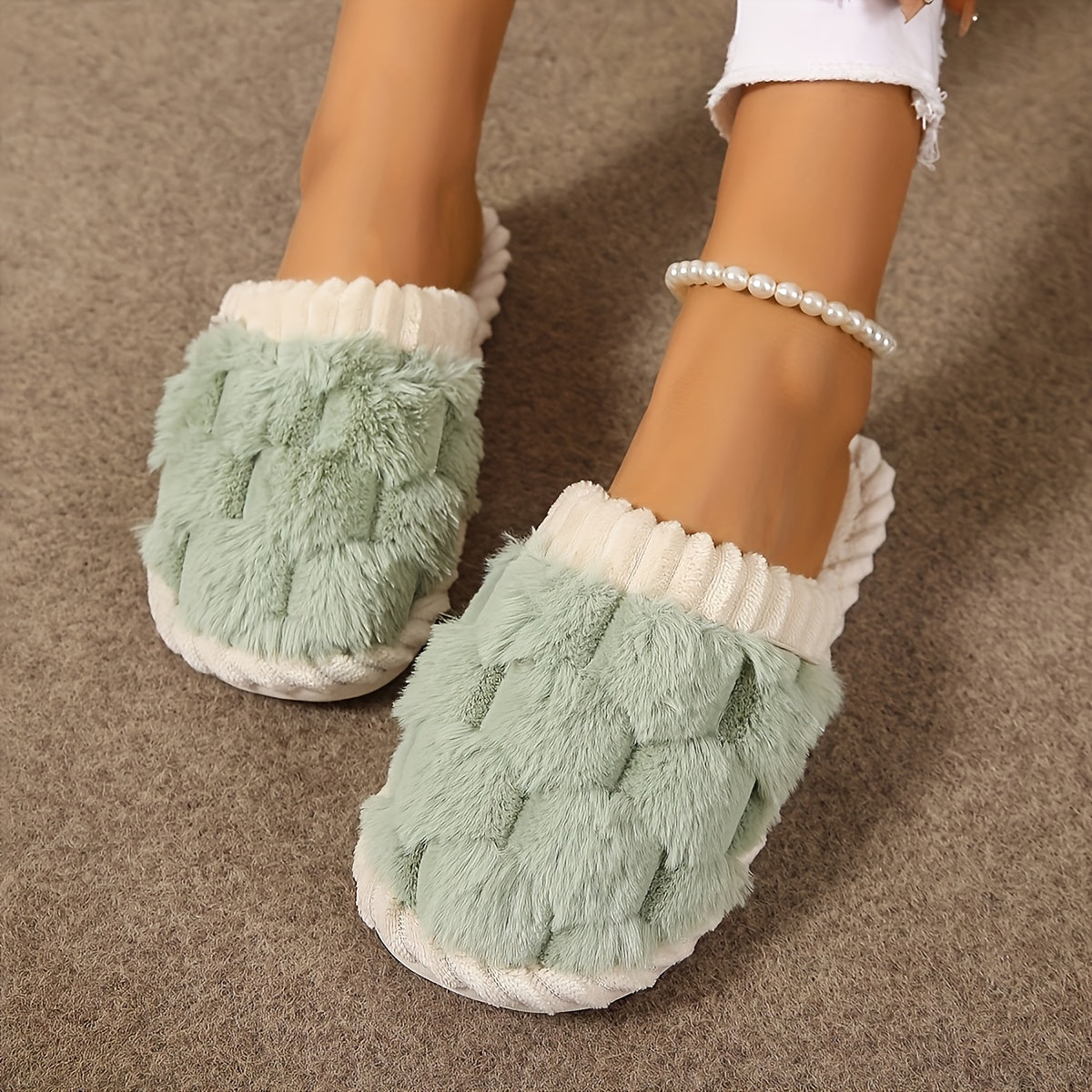 Cozy Faux Fur Slippers - Soft Fabric Lined, Rubber Sole, Comfortable Indoor Shoes for Home, Casual Slip-On Design with Plush Interior