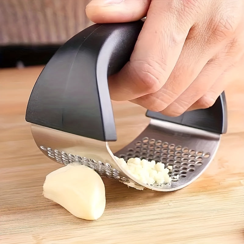 1x Stainless Steel Manual Garlic Press - Durable, Easy-to-Clean Kitchen Gadget for Quick & Efficient Garlic Crushing, No Electricity Needed, with Black Handle, Garlic Crusher