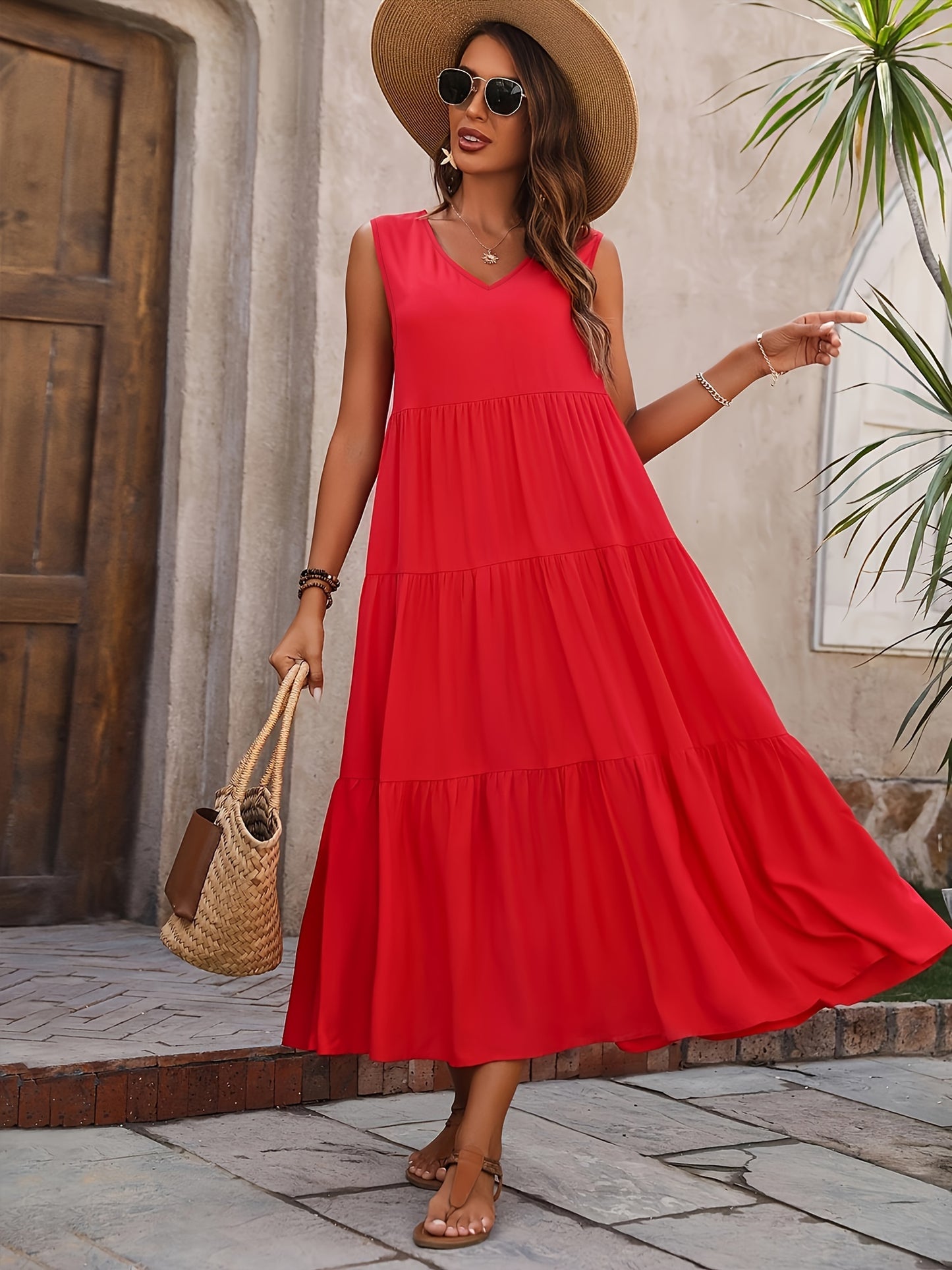 Loose V Neck Ruffle Hem Dress, Casual Sleeveless Dress For Spring & Summer, Women's Clothing