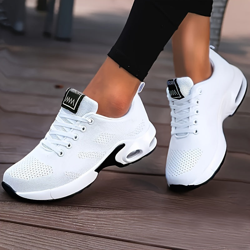 Women's White Breathable Sneakers - Low-Top Casual Sports Shoes with Air Cushion Sole, Shock-Absorbing Platform for Running