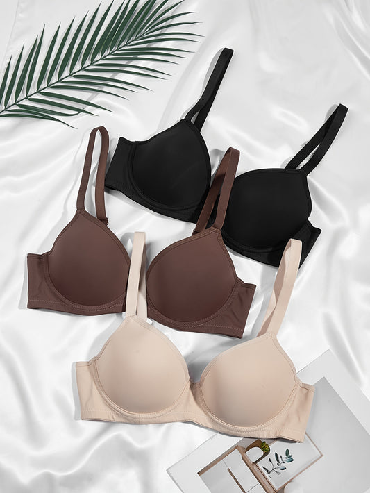 3pcs Simple Solid T-Shirt Bras, Comfy & Breathable Push Up Bra, Women's Lingerie & Underwear