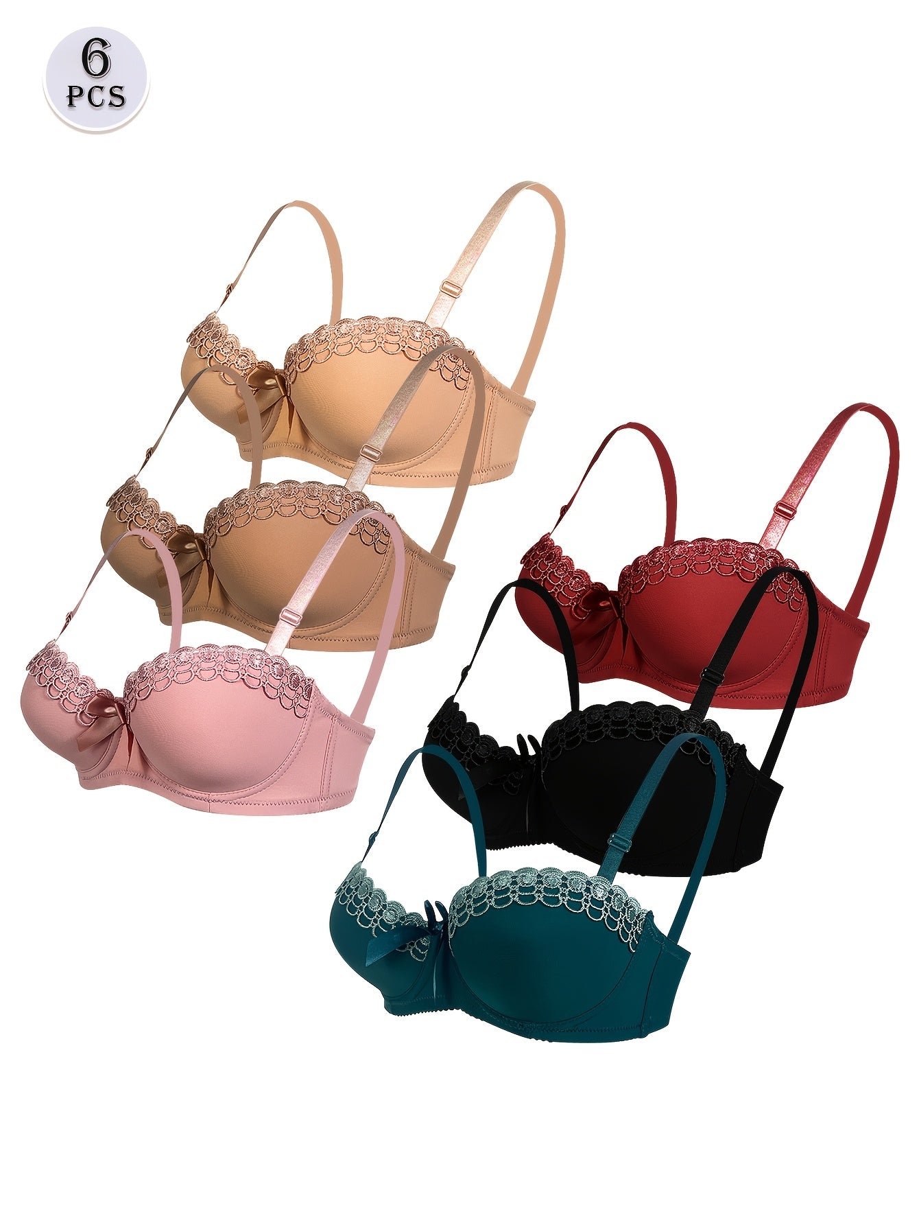 6pcs High Support Elegant Bras - Chic Push-up Balconette with Comfortable Fit, Non-removable Pads, Breathable Fabrics, Sexy Floral Lace Contrast Underwire