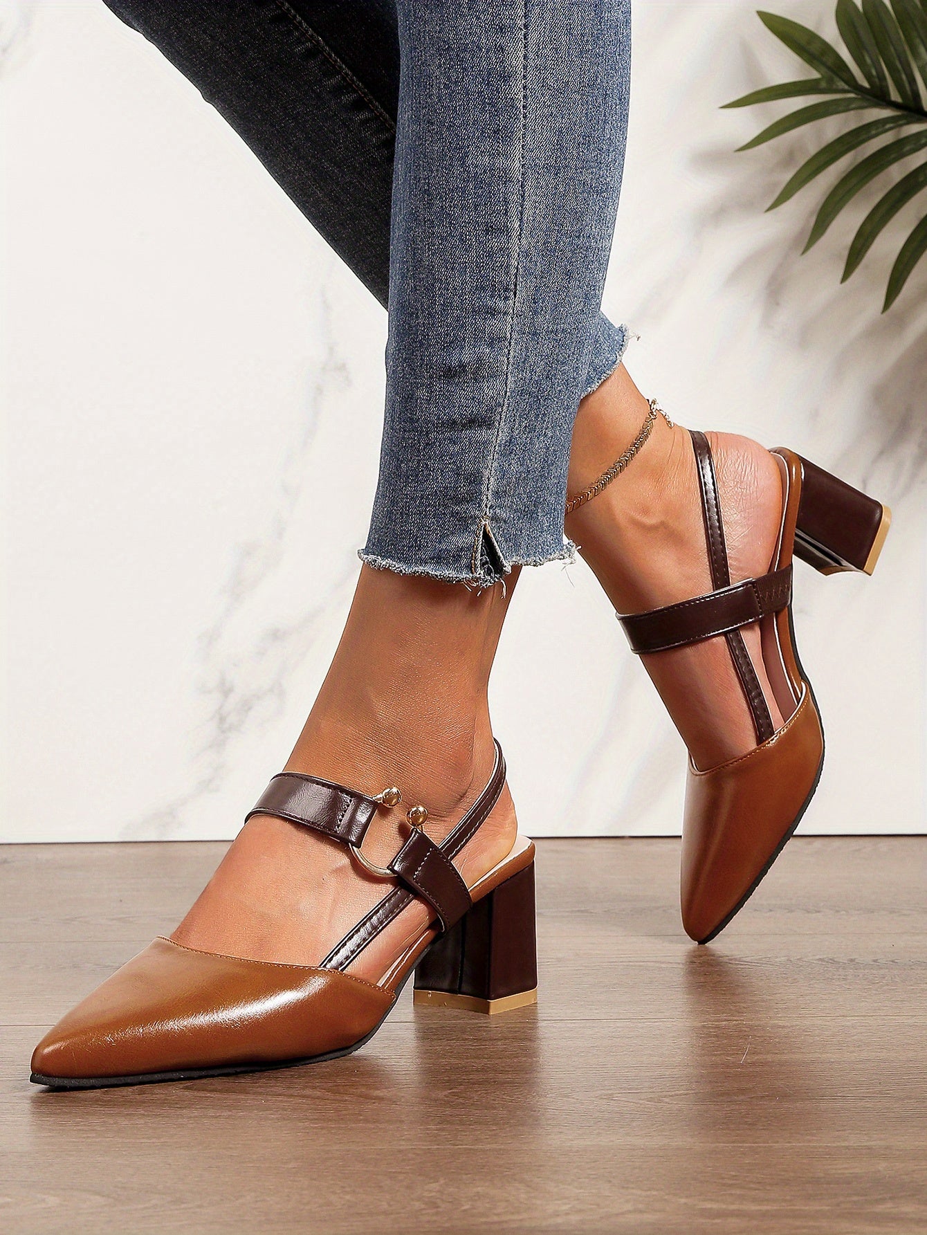 Women's Pointed Toe Block High Heel Sandals, Fashion Solid Color Slingback Shoes, Versatile Mid Heels