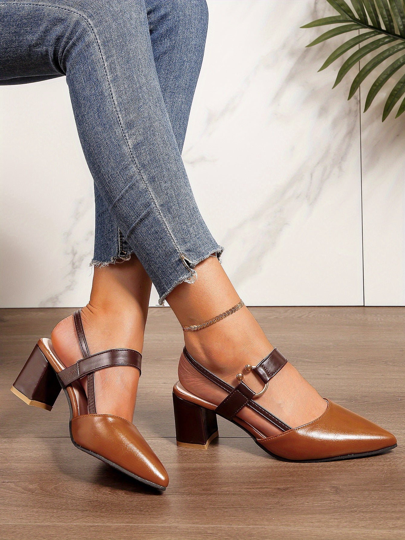 Women's Pointed Toe Block High Heel Sandals, Fashion Solid Color Slingback Shoes, Versatile Mid Heels