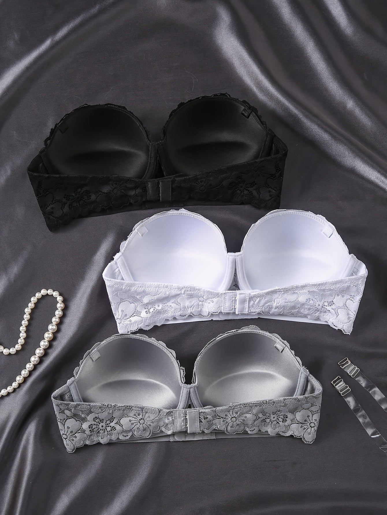 [3pcs Push-Up Lace Strapless Bras] 3pcs Elegant Lace Strapless Bras for Women - Invisible Front Closure, Push-Up Balconette Style with Non-Removable Pads, Breathable & Comfort Fit, Available in White, Gray, Black