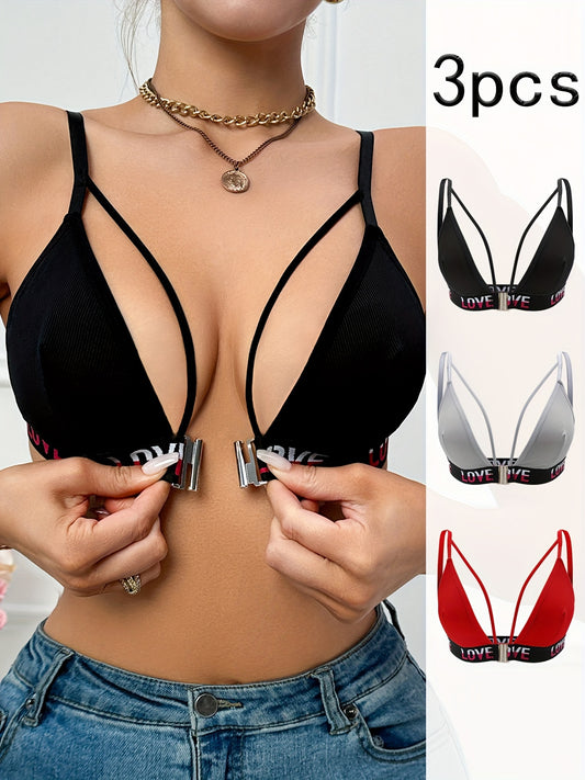 3pcs Elegant Front Closure Women's Push-Up Bras - High Support, Comfort Fit, Polyester & Elastane Blend, Machine Washable, Available in Black, White, Red with Love Detail