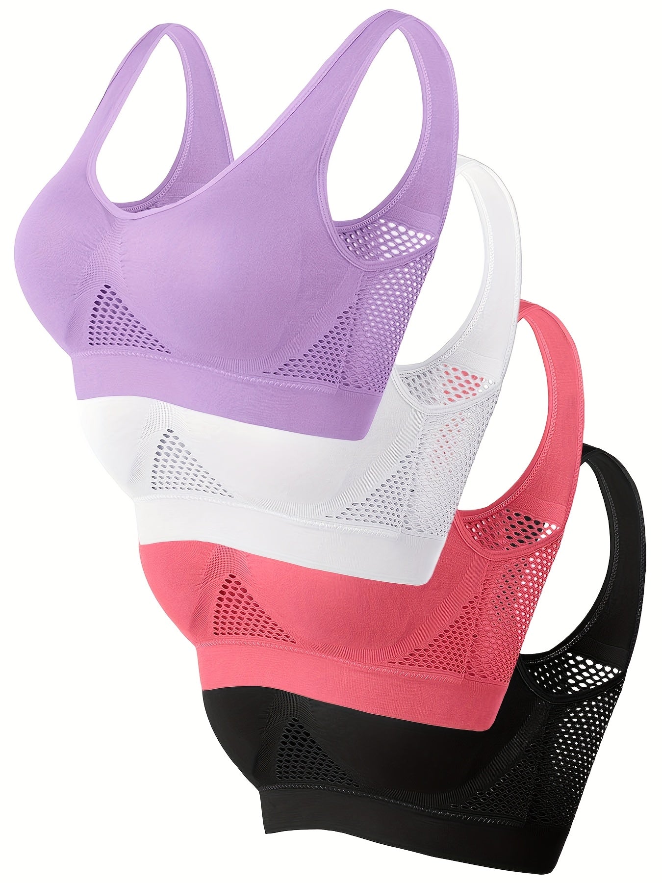 Wireless, Breathable 4pcs Women's Sports Bras - Padded, Mesh with Racerback Design for Yoga, Fitness, Running - Pink, White, Purple, Black, Workout Accessories
