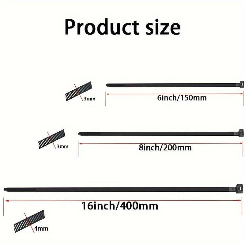300pcs Heavy-Duty Nylon Cable Ties Set - Assorted Sizes 16"/8"/6", High Tensile Strength, UV Resistant, Self-Locking, Easy to Use, Black Zip Ties for Home, Office, and Industrial Cable Management, Organization, and Wire Bundl