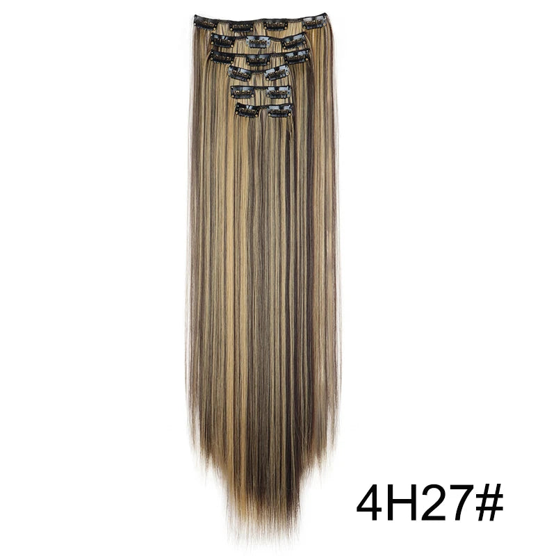 Synthetic 24Inch 16 Clips in Hair Extensions Long Straight Hairstyle Blonde Black Hairpieces Heat Resistant False Hair Daily Use