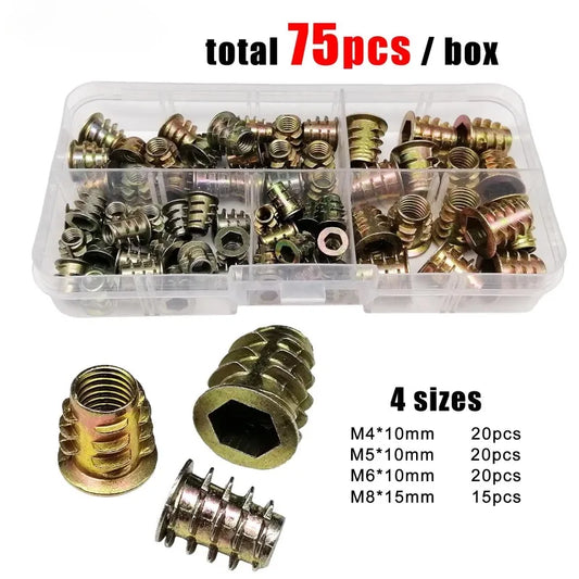 165/75/55pcs Threaded Insert Nut E-nut M4 M5 M6 M8 Set Kit For Wood Furniture Bed Cabinet Table Embedded Hex Hexagon Socket Head