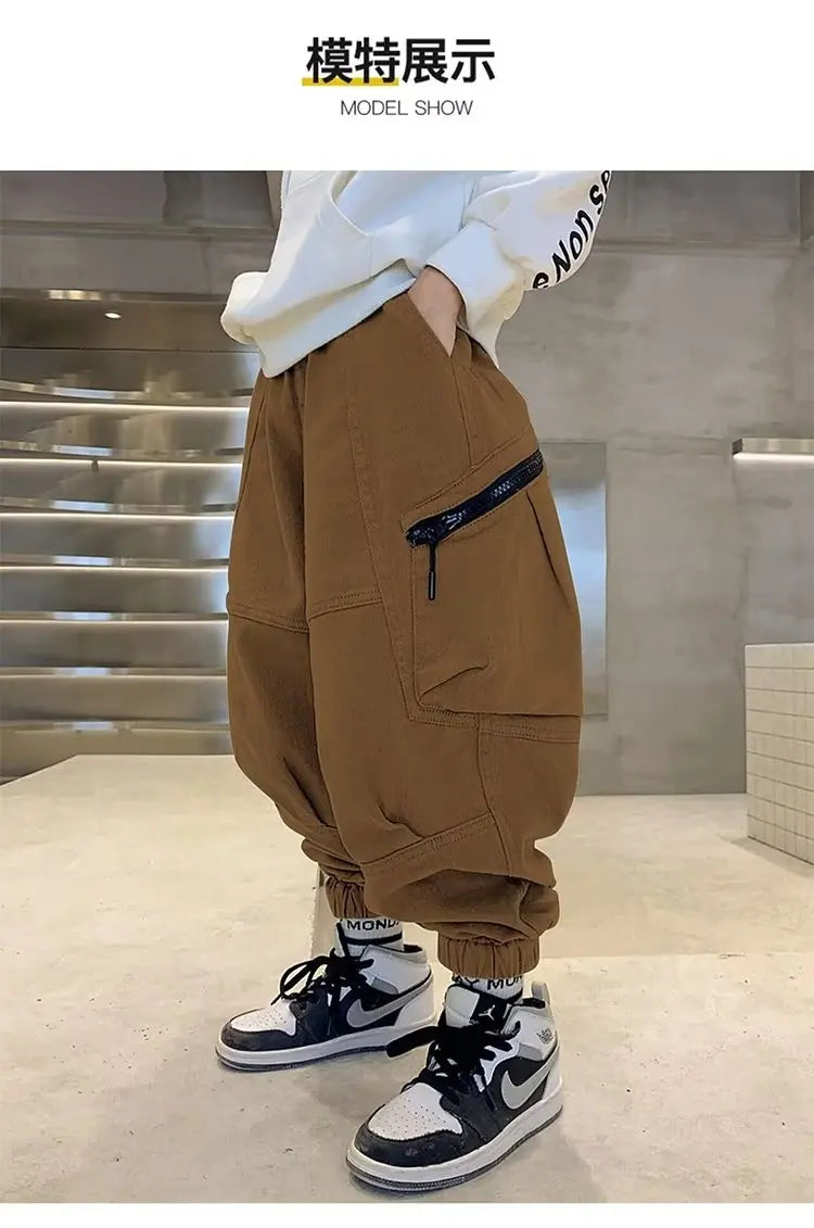Boys Spring Autumn Children's Clothing Cargo Pants Children's Casual Large Size Sweatpants Boys Fashion Fake Zippers Cargo Pants