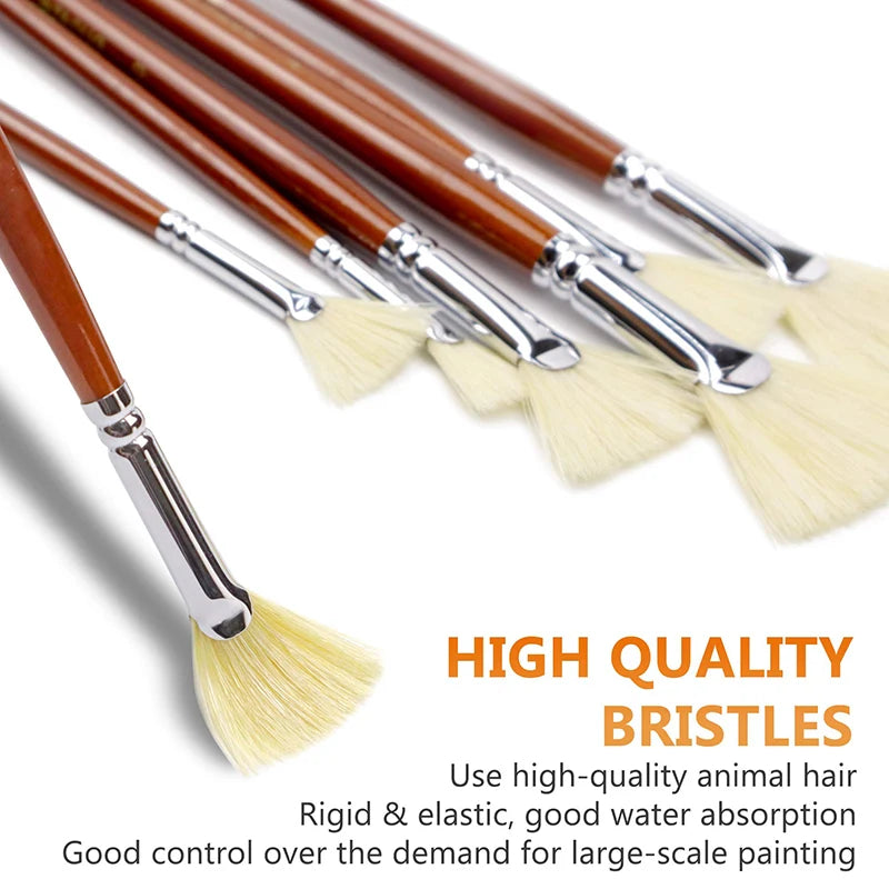 Artist Fan Paint Brush Set of 7, White Hog Bristle Natural Hair Anti-Shedding Brush Tips, Long Handle for Acrylic Oil Painting