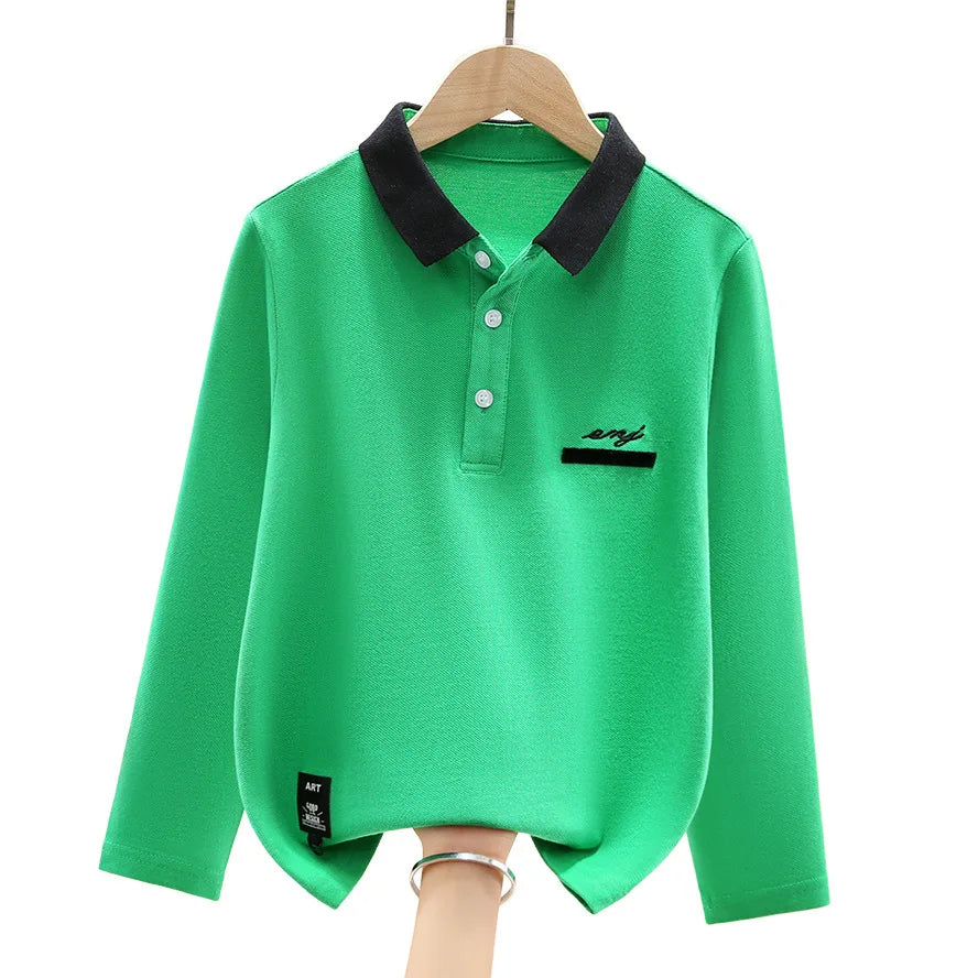 Boys School Uniform Polo Shirt 2023 New Spring Kids Casual Long Sleeve Tops For Teenager Children's 4-15 Years Clothes