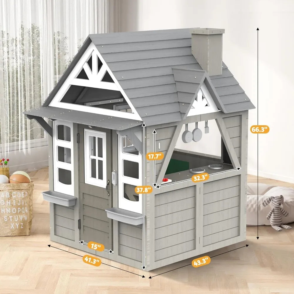 Modern Gray Wooden House for Kids Ages 4-8, Kitchen with Spatulas, Induction Cooker, Flower Pot Rack, Functional, Playhouses