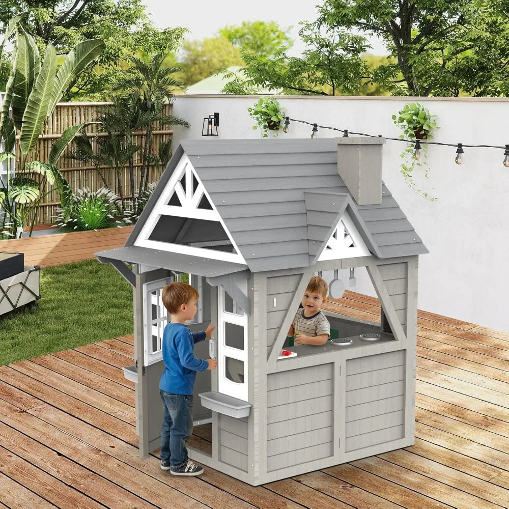 Modern Gray Wooden House for Kids Ages 4-8, Kitchen with Spatulas, Induction Cooker, Flower Pot Rack, Functional, Playhouses