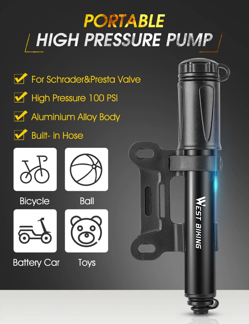 WEST BIKING Mini Bike Pump 100PSI Schrader Presta Valve MTB Road Cycling Pump Aluminum Alloy Bicycle Hand Air Pump Tire Inflator