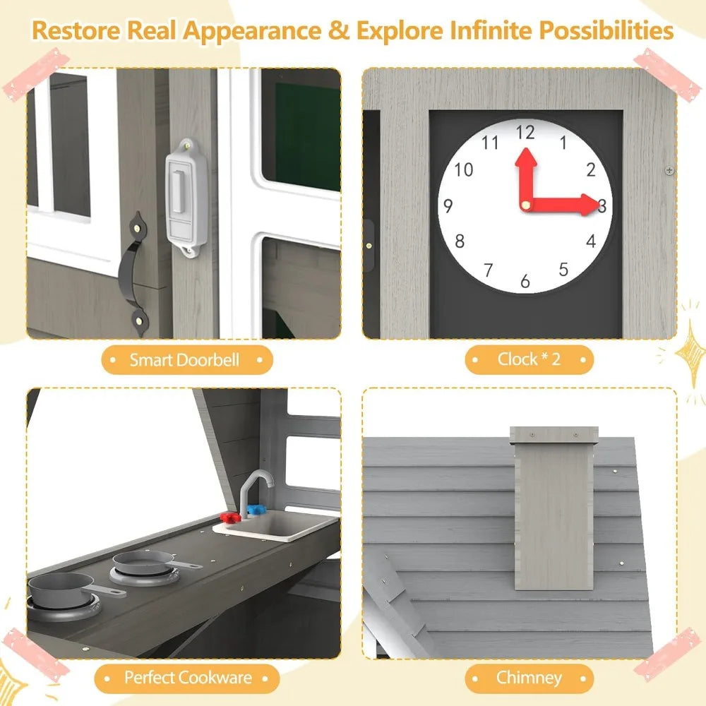 Modern Gray Wooden House for Kids Ages 4-8, Kitchen with Spatulas, Induction Cooker, Flower Pot Rack, Functional, Playhouses