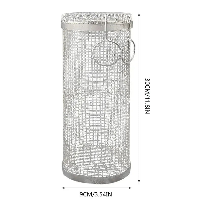 BBQ Basket Stainless Steel Rolling Grilling Basket Wire Mesh Cylinder Grill Basket Portable Round Outdoor Camping Barbecue Rack