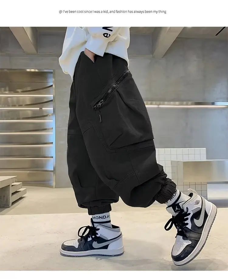 Boys Spring Autumn Children's Clothing Cargo Pants Children's Casual Large Size Sweatpants Boys Fashion Fake Zippers Cargo Pants