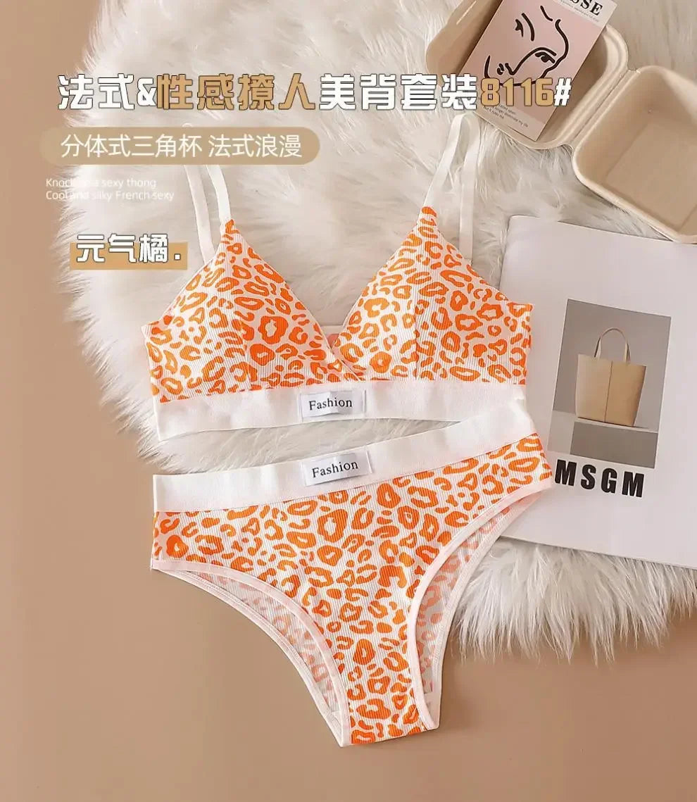 Women Seamless Bra Set Low Waist Panties Leopard Bralette Sexy Lingerie Set Vneck Sport Brassiere Female Cotton Underwear Set