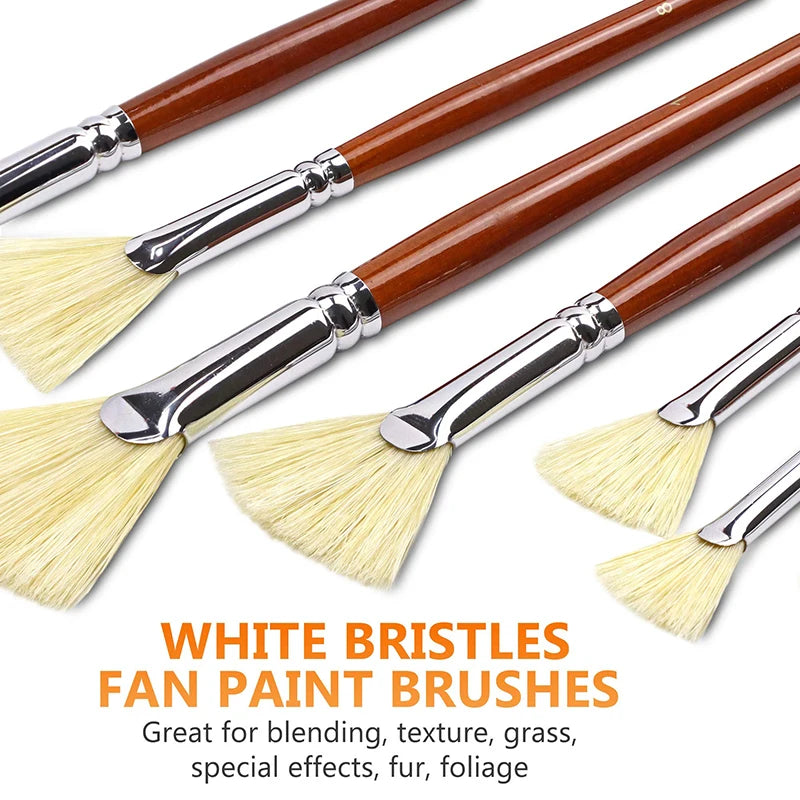 Artist Fan Paint Brush Set of 7, White Hog Bristle Natural Hair Anti-Shedding Brush Tips, Long Handle for Acrylic Oil Painting