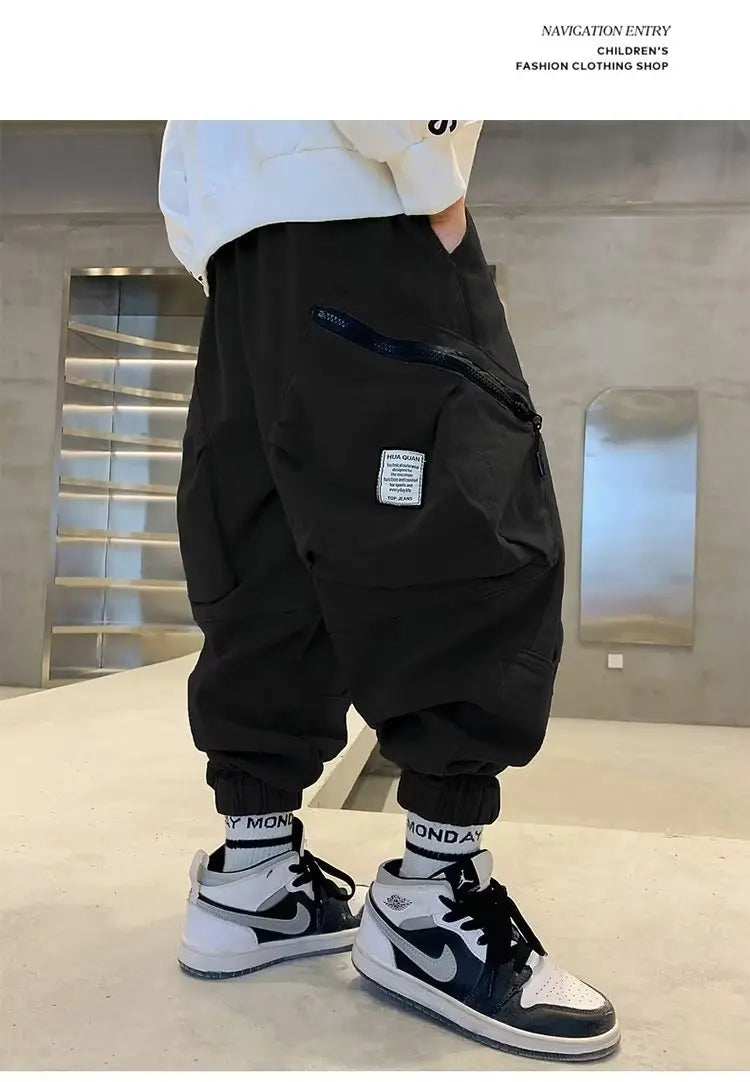 Boys Spring Autumn Children's Clothing Cargo Pants Children's Casual Large Size Sweatpants Boys Fashion Fake Zippers Cargo Pants