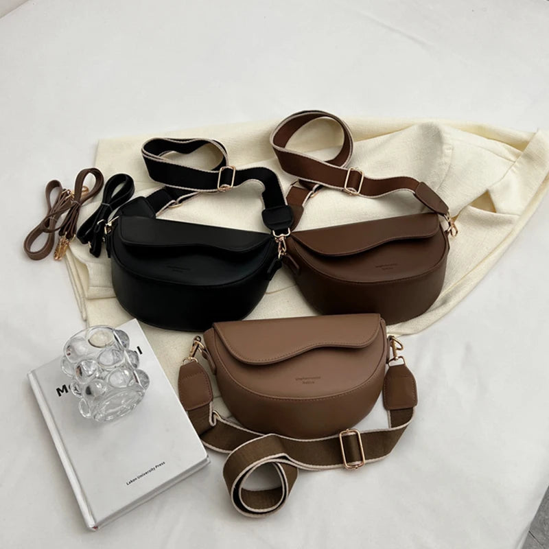 Vintage PU Leather Crossbody Bag for Women Small Saddle Shoulder Bag with Wide Strap Flap Design