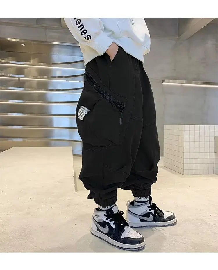 Boys Spring Autumn Children's Clothing Cargo Pants Children's Casual Large Size Sweatpants Boys Fashion Fake Zippers Cargo Pants