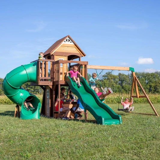 Cedar Wood Swing Set, Chalkboard, Telescope, Dual Slide, Kitchenette, Wide Swing Lanes, 5ft Rock Wall, Step Ladder, Playhouses
