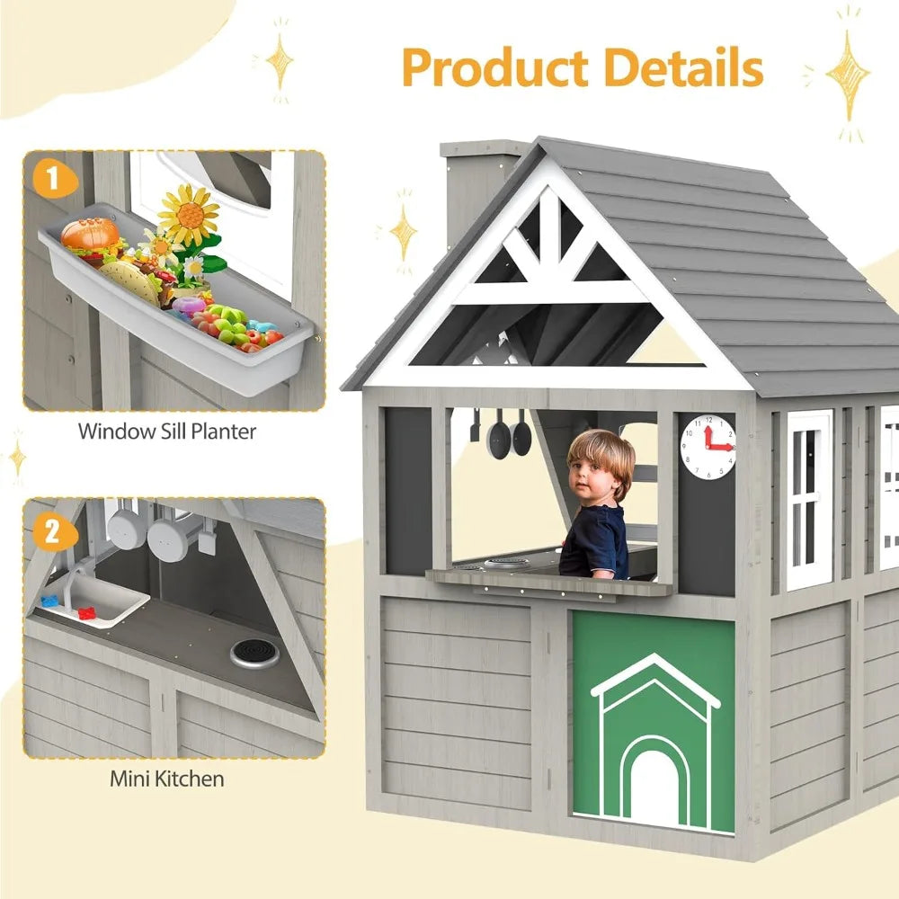 Modern Gray Wooden House for Kids Ages 4-8, Kitchen with Spatulas, Induction Cooker, Flower Pot Rack, Functional, Playhouses