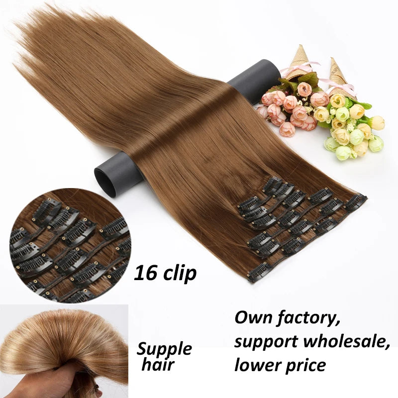 Synthetic 24Inch 16 Clips in Hair Extensions Long Straight Hairstyle Blonde Black Hairpieces Heat Resistant False Hair Daily Use