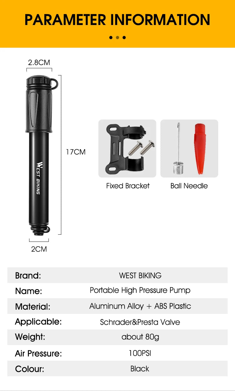 WEST BIKING Mini Bike Pump 100PSI Schrader Presta Valve MTB Road Cycling Pump Aluminum Alloy Bicycle Hand Air Pump Tire Inflator