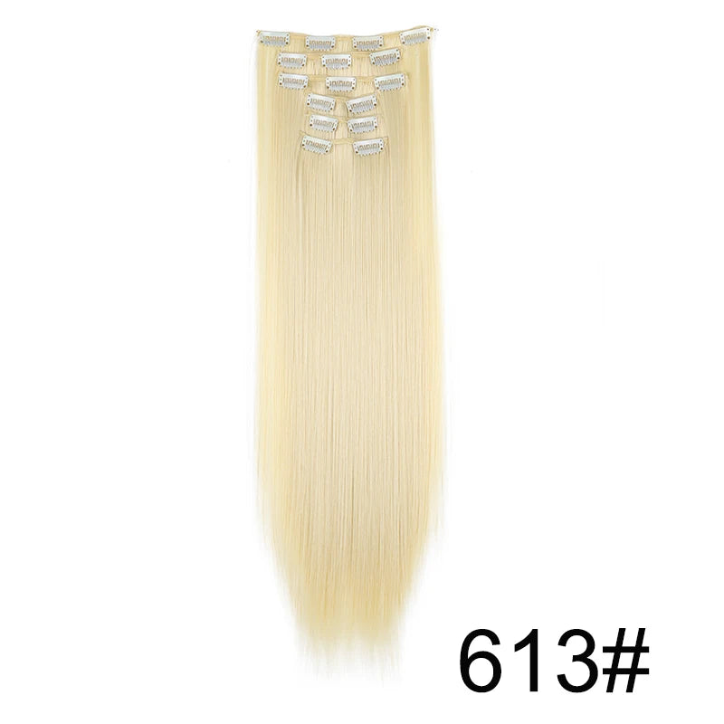 Synthetic 24Inch 16 Clips in Hair Extensions Long Straight Hairstyle Blonde Black Hairpieces Heat Resistant False Hair Daily Use