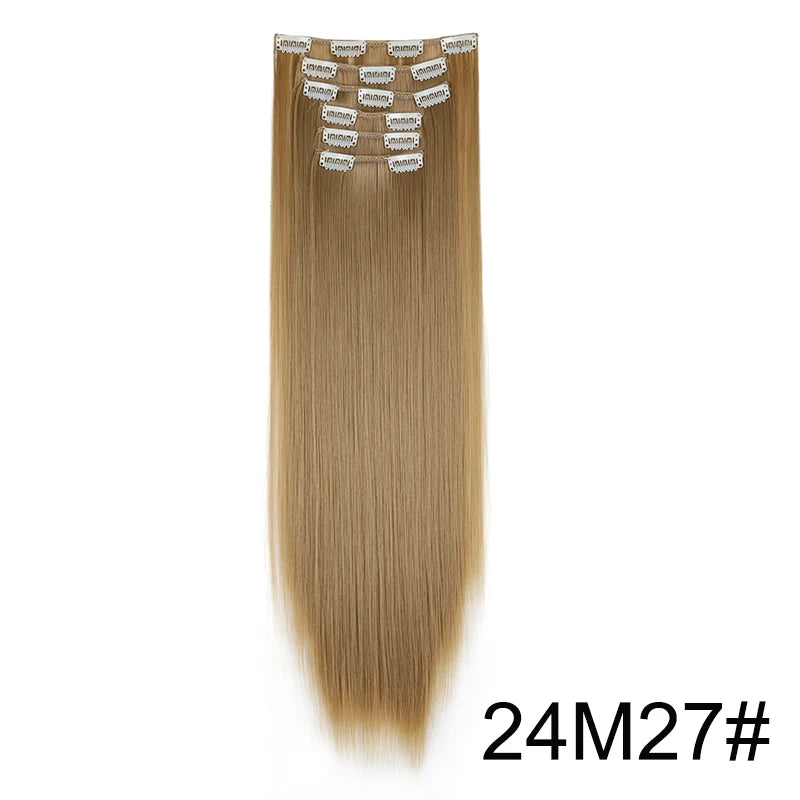 Synthetic 24Inch 16 Clips in Hair Extensions Long Straight Hairstyle Blonde Black Hairpieces Heat Resistant False Hair Daily Use