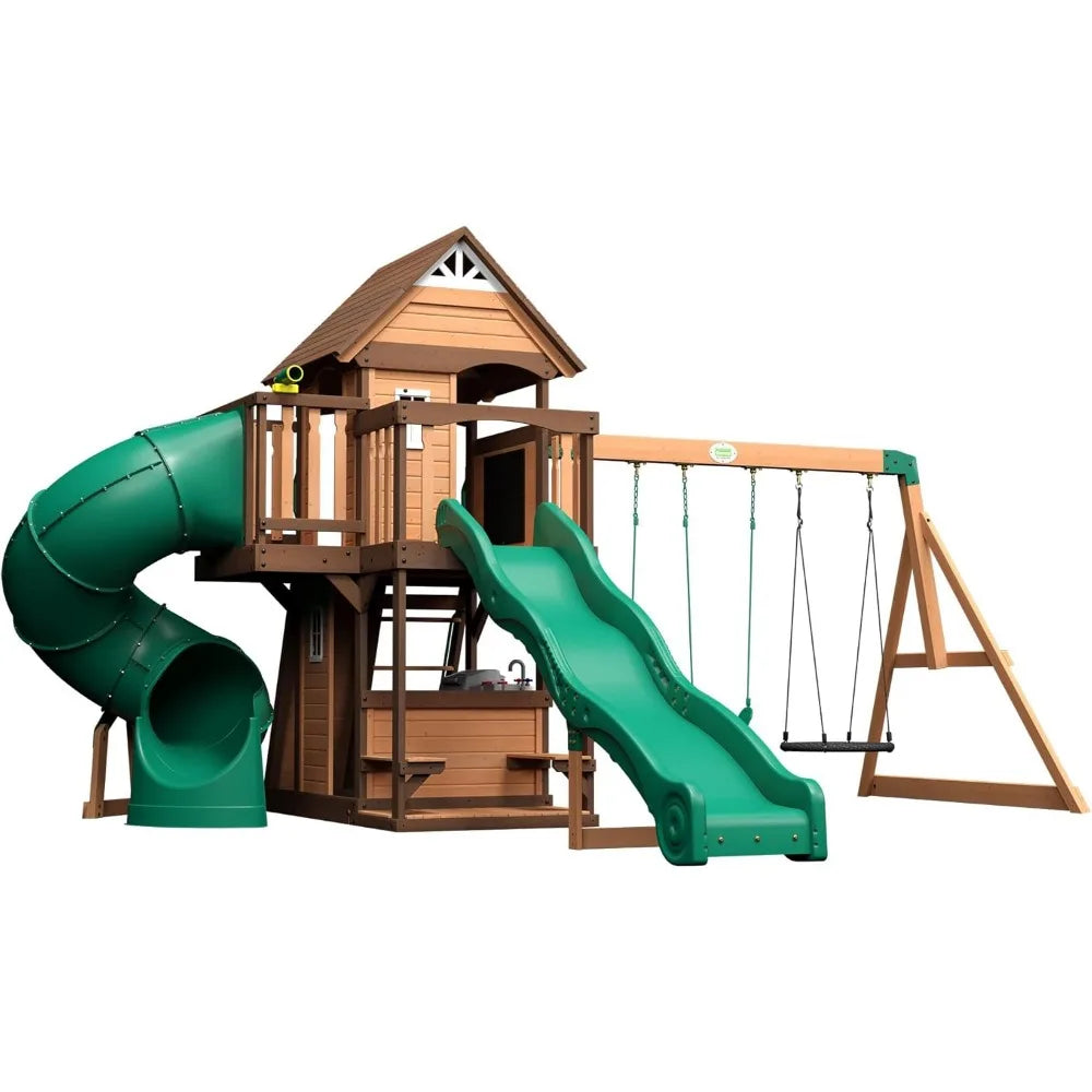 Cedar Wood Swing Set, Chalkboard, Telescope, Dual Slide, Kitchenette, Wide Swing Lanes, 5ft Rock Wall, Step Ladder, Playhouses