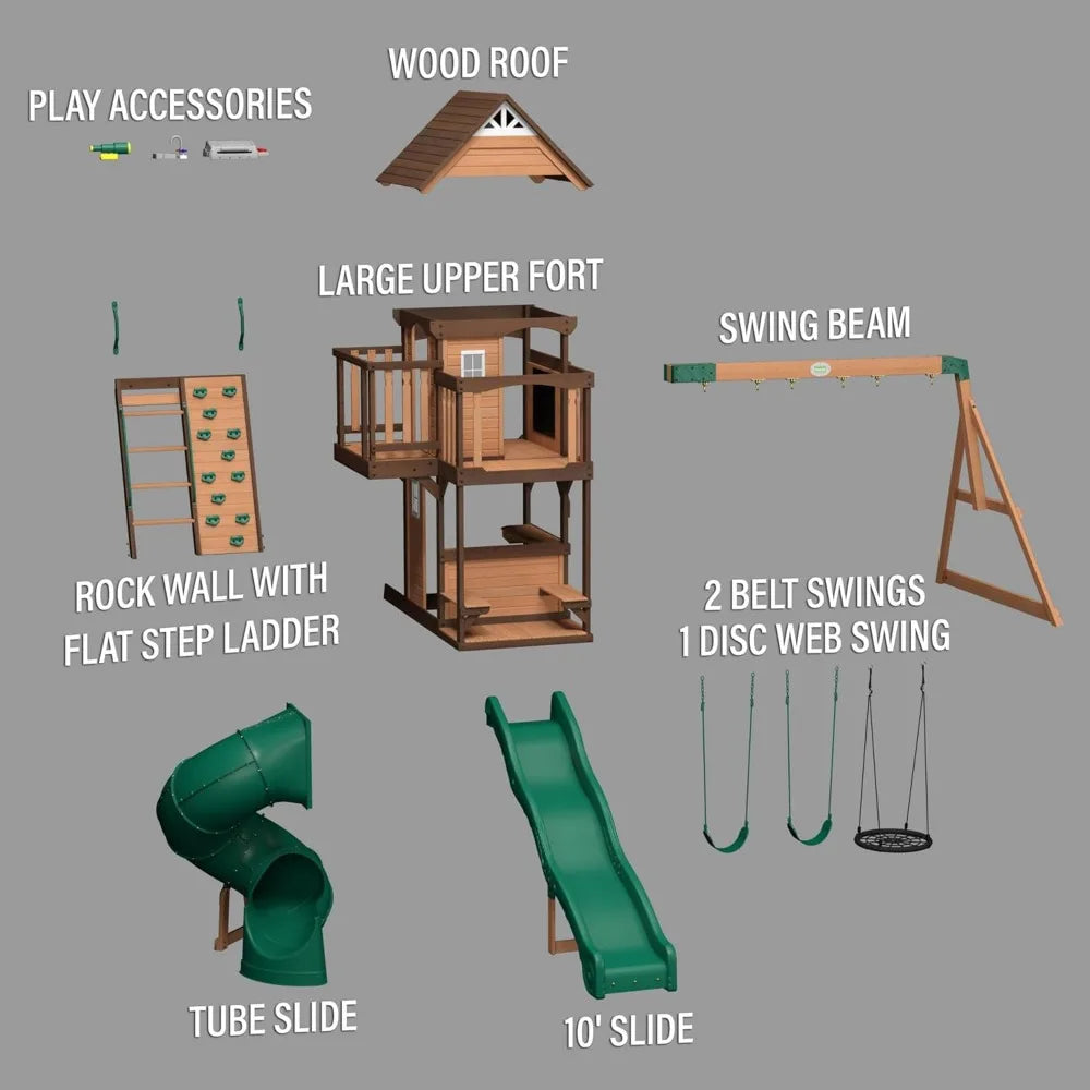 Cedar Wood Swing Set, Chalkboard, Telescope, Dual Slide, Kitchenette, Wide Swing Lanes, 5ft Rock Wall, Step Ladder, Playhouses