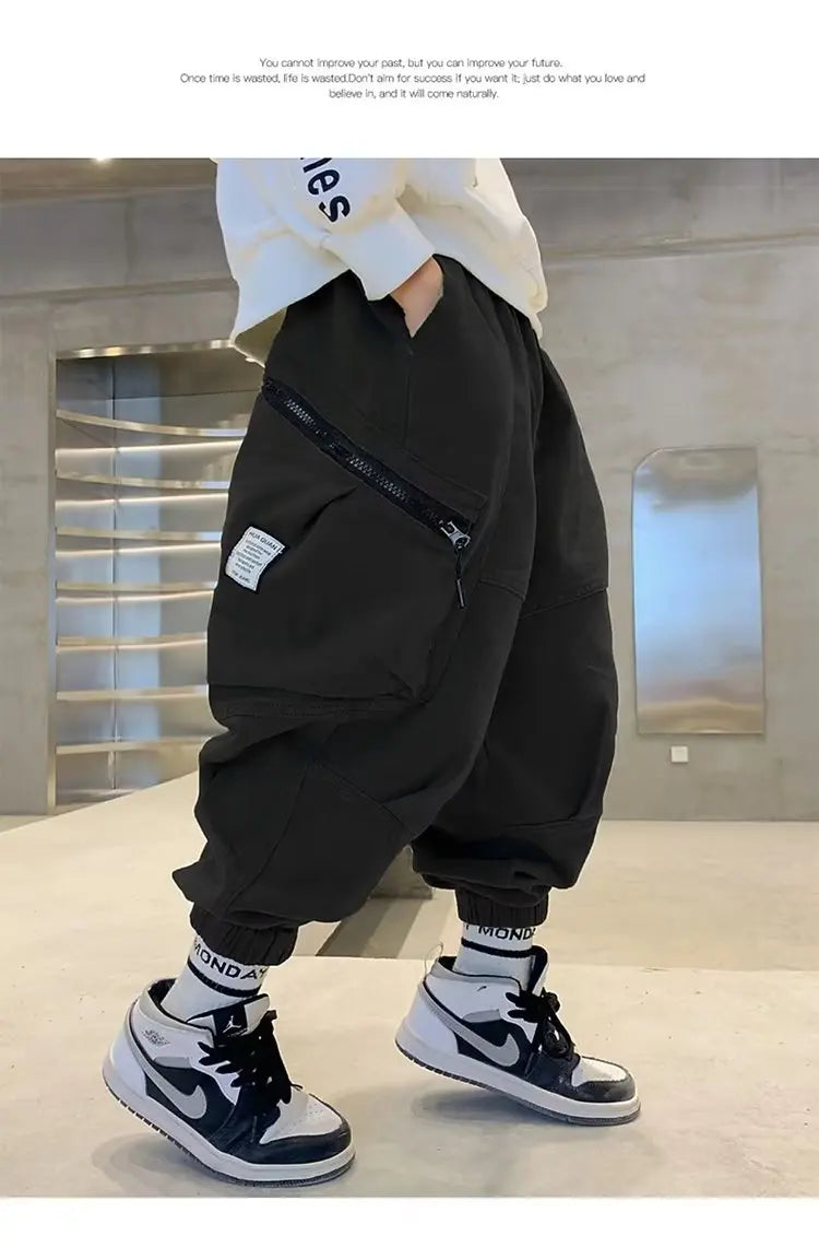 Boys Spring Autumn Children's Clothing Cargo Pants Children's Casual Large Size Sweatpants Boys Fashion Fake Zippers Cargo Pants
