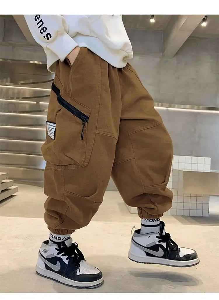 Boys Spring Autumn Children's Clothing Cargo Pants Children's Casual Large Size Sweatpants Boys Fashion Fake Zippers Cargo Pants